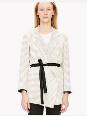 Theory Clairene Carson Cream Black Belted Tweed Jacket Women's S Minimalist